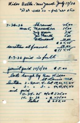 Bella Wides's cemetery account statement from Kneseth Israel, beginning July 26, 1936
