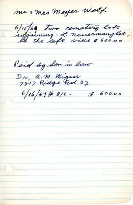 Meyer Wolf's cemetery account statement from Kneseth Israel, beginning June 15, 1969