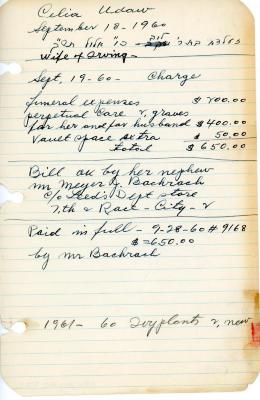 Celia Udaw's cemetery account statement from Kneseth Israel, beginning September 19, 1960