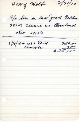 Harry Wolf's cemetery account statement from Kneseth Israel, beginning March 16, 1970