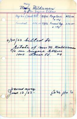 Mary Walderman's cemetery account statement from Kneseth Israel, beginning June 20, 1963