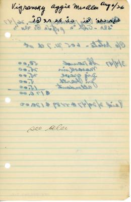 Aggie Vigransky's cemetery account statement from Kneseth Israel, beginning August 6, 1926