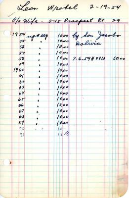 Leon Wrobel's cemetery account statement from Kneseth Israel, beginning in 1954