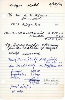 Meyer Wolf's cemetery account statement from Kneseth Israel, beginning December 13, 1969