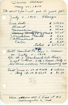 Irving Udaw's cemetery account statement from Kneseth Israel, beginning July 3, 1950