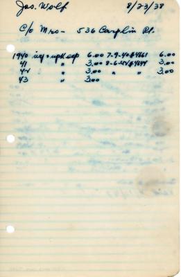 Jos. Wolf's cemetery account statement from Kneseth Israel, beginning in 1940
