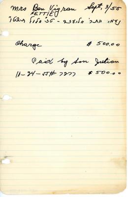 Nettie Vigran's cemetery account statement from Kneseth Israel, beginning November 24, 1955
