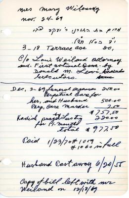 Mary Wilensky's cemetery account statement from Kneseth Israel, beginning December 3, 1969