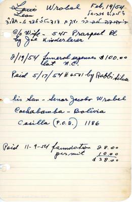 Leon Wrobel's cemetery account statement from Kneseth Israel, beginning February 19, 1954