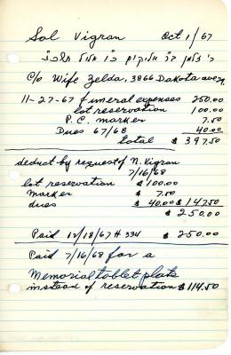 Sol Vigran's cemetery account statement from Kneseth Israel, beginning November 27, 1967