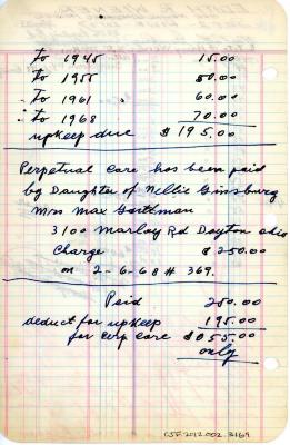 Edith Weiner's cemetery account statement from Kneseth Israel, beginning in 1940