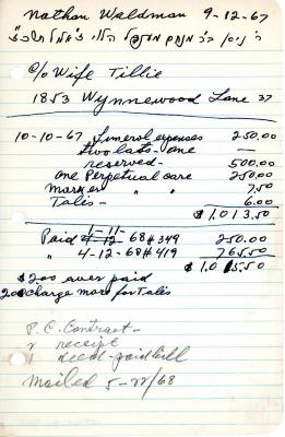 Nathan Walderman's cemetery account statement from Kneseth Israel, beginning October 10, 1967
