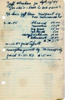 Abraham Zeff's cemetery account statement from Kneseth Israel, beginning September 28, 1942