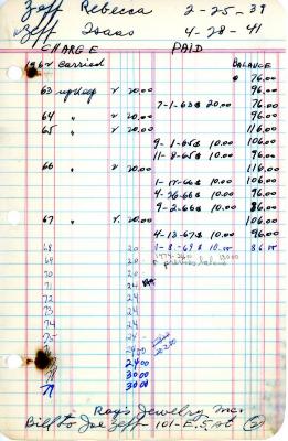 Rebecca Zeff's cemetery account statement from Kneseth Israel, beginning in 1962