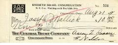 Check from Kneseth Israel Congregation to Josefh Mallick for $10.00, dated August 21, 1932
