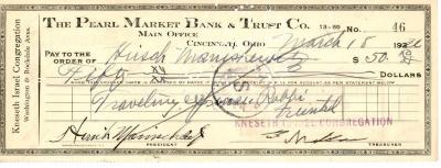 Check from Kneseth Israel Congregation to Hirsch Manischewitz for $50.00, dated March 18, 1931