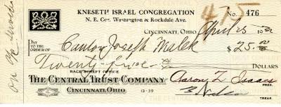 Check from Kneseth Israel Congregation to Cantor Joseph Malek for $25.00, dated April 25, 1932