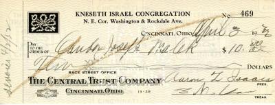 Check from Kneseth Israel Congregation to Cantor Joseph Malek for $10.00, dated April, 1932.