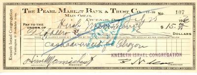 Check from Kneseth Israel Congregation to Hirsch Manischewitz for $15.00, dated July 25, 1930