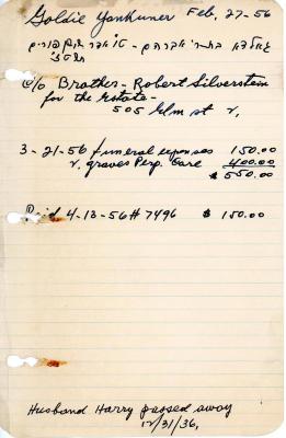 Goldie Yankiner's cemetery account statement from Kneseth Israel, beginning March 21, 1956