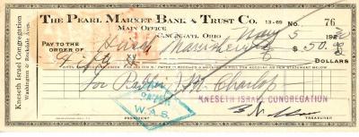 Check from Kneseth Israel Congregation to Hirsch Manischewitz for $50.00, dated May 5, 1930