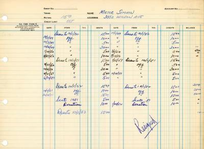 Financial Statement from Kneseth Israel for the member account belonging to Meyer Simkin, beginning June 1, 1943