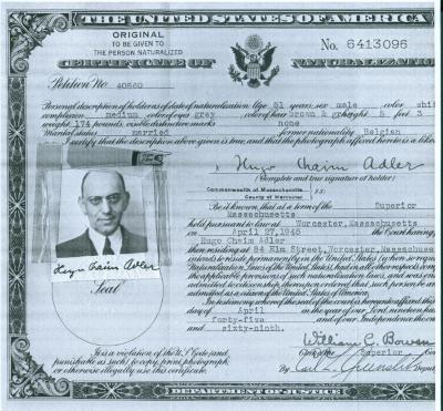 Hugo Chaim Adler's United States Certificate of Naturalization
