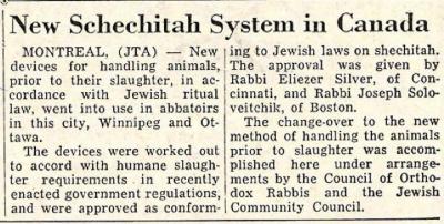 Rabbi Eliezer Silver Approves New Canadian Pre-Shehita Method - 1960