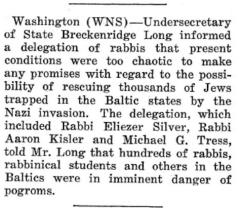 Article Regarding 1941 Request to the US State Department to Attempt to Rescue Baltic Jews Stranded by the Nazi Invasion  