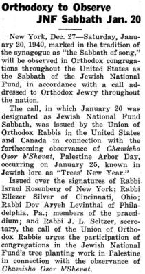 Article Regarding Orthodox Jews in the United States to Observe a Jewish National Fund Sabbath Jan. 20 1940