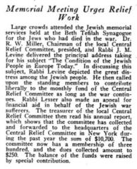 Article Regarding a 1916 Memorial Meeting in Cincinnati Regarding Jews in Europe Suffering in World War I  