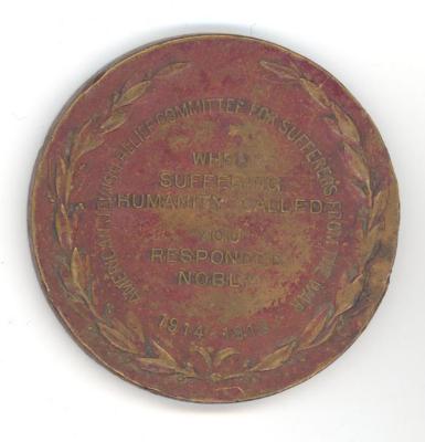 American Jewish Relief Committee for Sufferers from the War Medal Given to Non-Jewish Donors