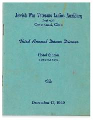 Jewish War Veterans Lady Auxiliary, Post 438 - Cincinnati, Ohio, Third Annual Donor Dinner Book - 1949