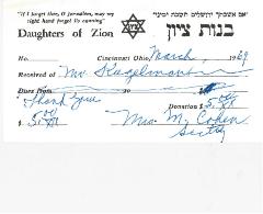Daughters of Zion, Cincinnati Chapter, Charitable Contribution Receipt - 1969