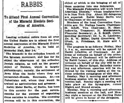 Article Regarding the Mizrachi Convention Held in Cincinnati -  4.26.1914