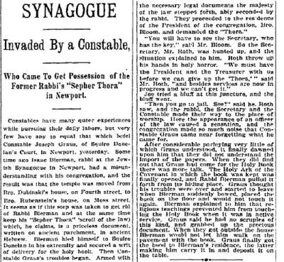 Article Regarding Newport Kentucky "Synagogue Invaded By a Constable" in 1899 