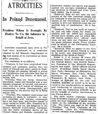 Article Regarding Final Resolutions of Mizrachi Association at its Final Session of 1919 National Convention in Cincinnati