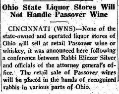  Article Regarding Sale of Passover Wines in Ohio in 1935 by Local Rabbis Rather than Ohio State liquor Stores