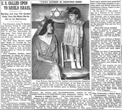 Article Regarding 1949 Event in New York City Celebrating 1st Anniversary of Establishment of Israel & Calling Upon America to Support and Protect the State of Israel