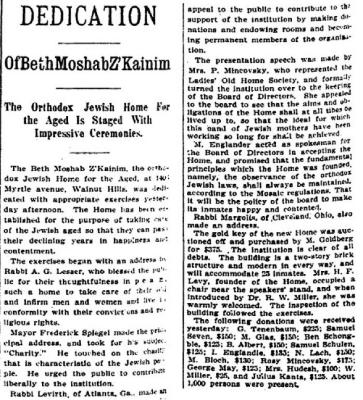Article Regarding 1914 Dedication of Beth Moshab Z'Kainim, Cincinnati’s Orthodox Jewish Home for the Aged
