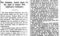 Article Regarding 1914 Dedication of Beth Moshab Z&#039;Kainim, Cincinnati’s Orthodox Jewish Home for the Aged