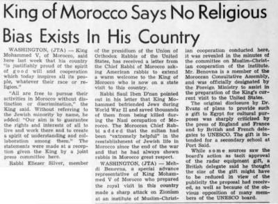 Article Regarding Letter Sent to Rabbi Eliezer Silver Requesting that American Rabbis welcome the King of Morocco on His State Visit to America