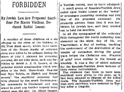 Articles from 1915 Entitled "Forbidden" Regarding Rabbi Lesser of Cincinnati Forbidding the Sacrifice of Chickens as Offerings to God