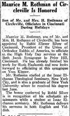 Article Regarding Rabbi Eliezer Silver Appointing Maurice M. Rothman to Officiate the 1932 High Holidays at Beth Jacob Synagogue in Cincinnati, Ohio