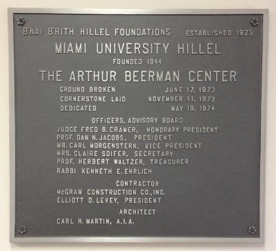 Dedication Plaque for Building (Arthur Beerman Center) at Miami University Hillel 