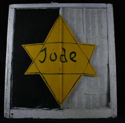 Painted Window Depicting a Jewish Identification Badge, displaying the names of Holocaust Survivors 