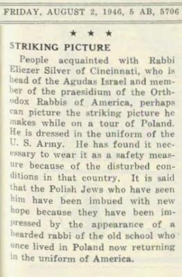 Article Regarding Rabbi Eleizer Silver's Trip to Post WWII Europe.  August 2, 1946, American Jewish Outlook (Pittsburgh, PA)