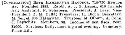 Bio of Congregation Beth Hamedruth Hagodol (Cincinnati, Ohio) from the American Jewish Year Book 1900 – 1901, 5661