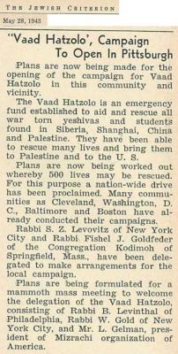 Article Regarding Vaad Hahatzala Campaign to Open in Pittsburgh from the Jewish Criterion (Pittsburgh, PA) - May 28, 1943