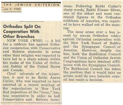 Article Regarding Split in Orthodox Leadership Over Cooperation with the Reform and Conservative Movements - June 3, 1960 - The Jewish Criterion